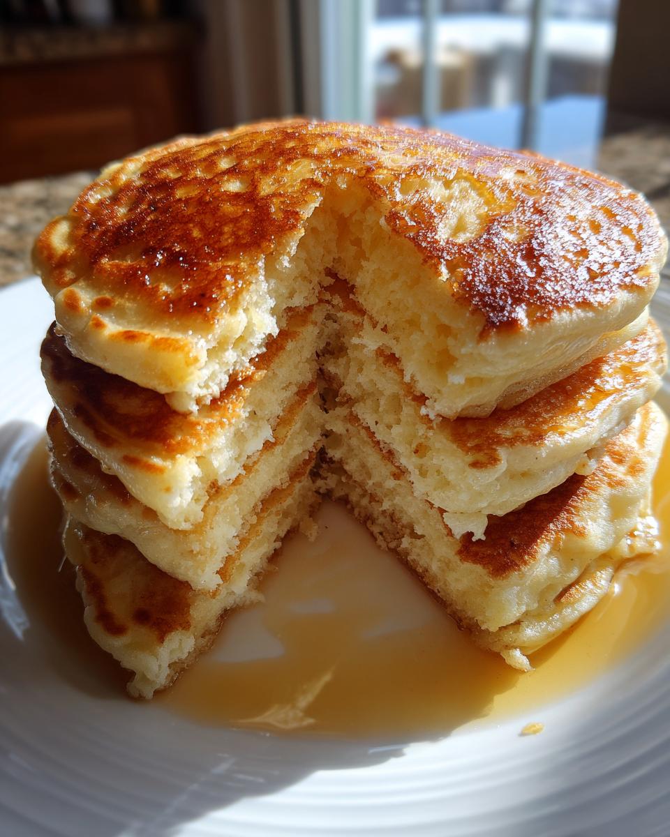 A close-up of a stack of four fluffy pancakes cut in half, showing the airy interior and drizzled with syrup.