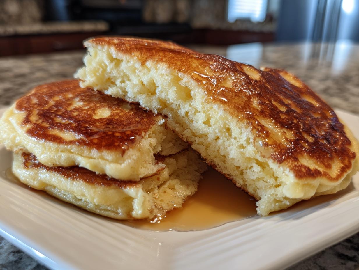 A stack of incredibly fluffy pancakes, one cut open to show the airy interior, drizzled with golden syrup.