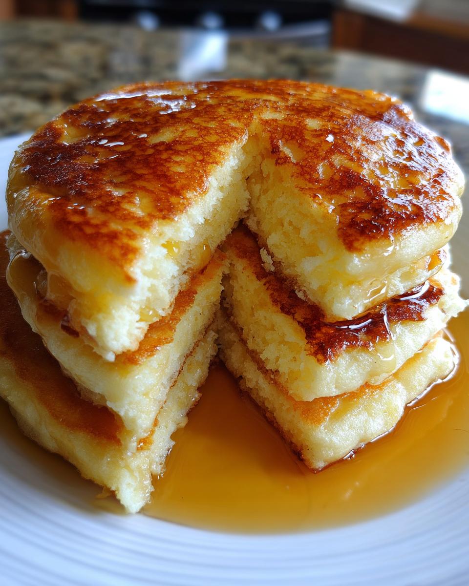 A close-up of a stack of three incredibly fluffy pancakes, cut to show the airy interior, drenched in syrup.