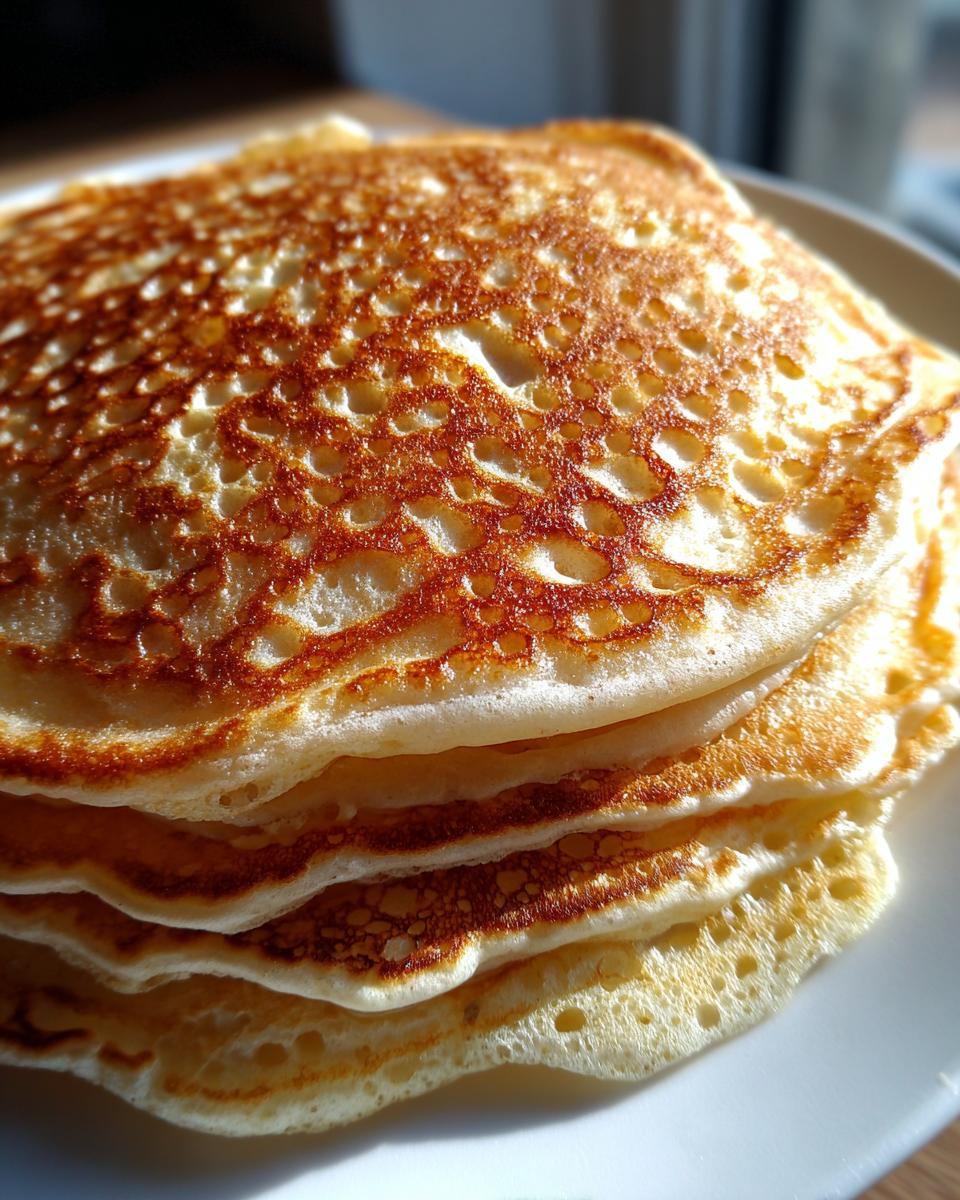 Close-up of a stack of fluffy sourdough pancakes showing golden-brown, lacy texture from cooking.