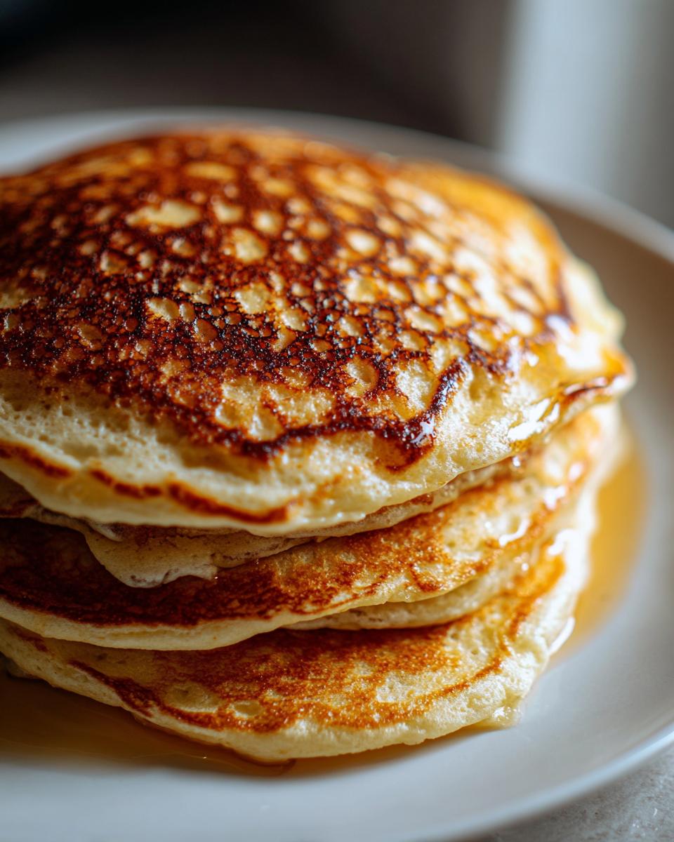 Close-up of a tall stack of fluffy sourdough pancakes drizzled with golden syrup.