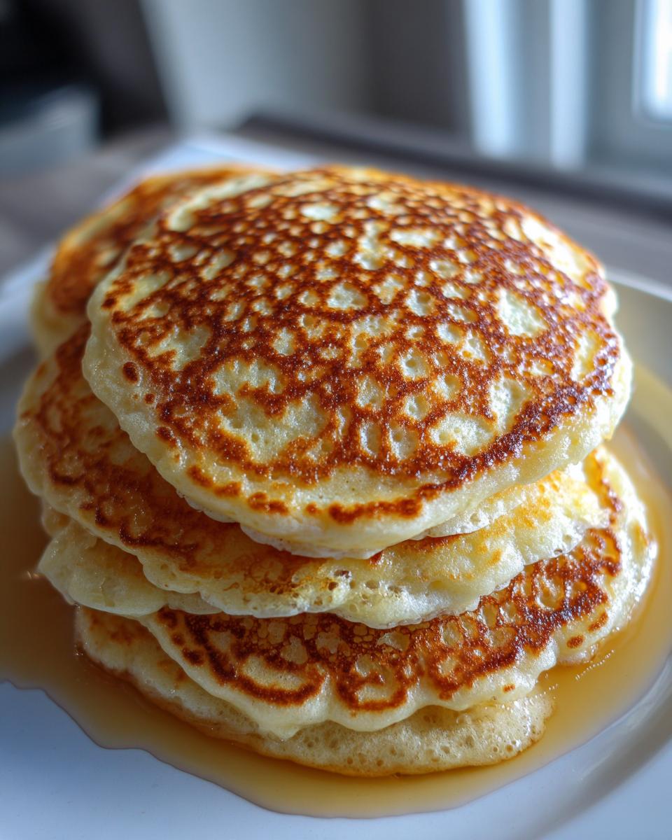A tall stack of four golden-brown sourdough pancakes drizzled with syrup.