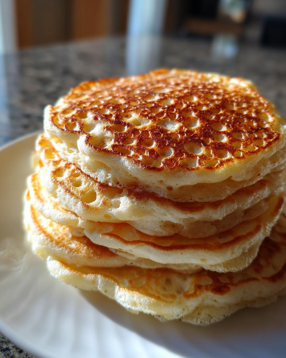 Close-up of a tall stack of fluffy sourdough pancakes showing beautiful air pockets and golden brown edges.
