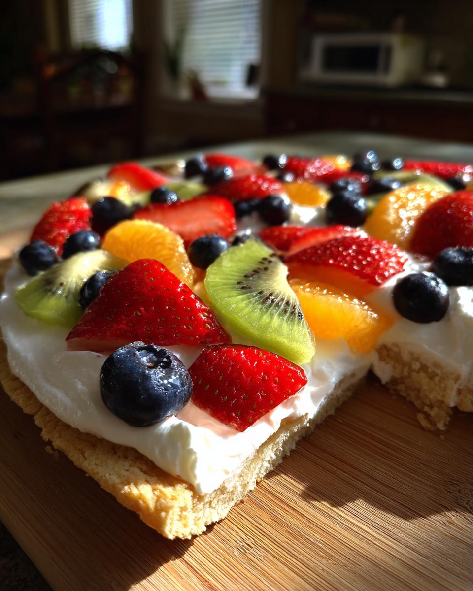 A close-up, sunlit view of a fruit pizza sugar cookie topped with cream cheese frosting, strawberries, blueberries, kiwi, and orange slices.