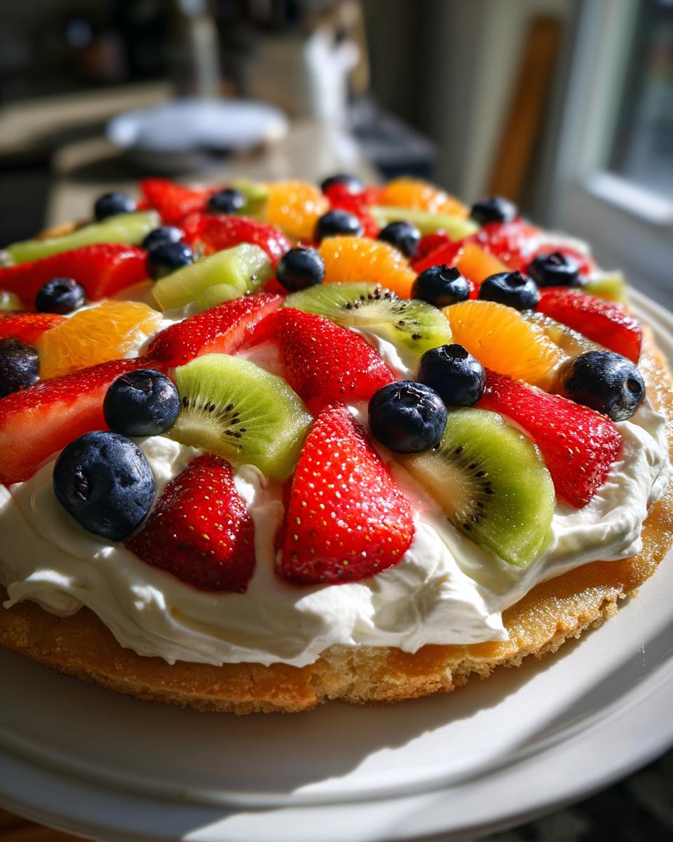 Close-up of a fruit pizza sugar cookie base topped with whipped cream, strawberries, kiwi, blueberries, and orange segments.