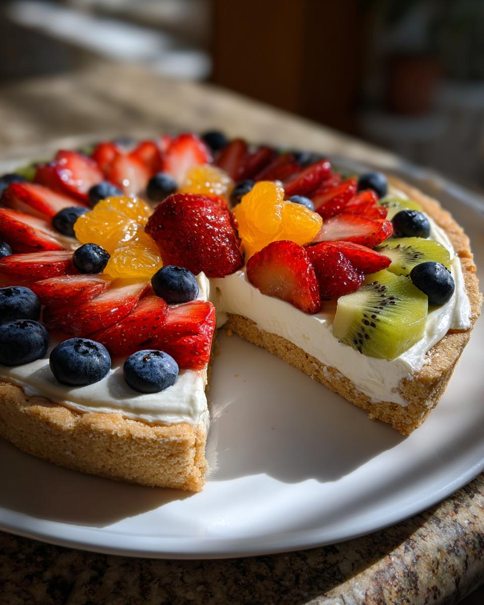 A slice is cut from a fruit pizza sugar cookie topped with cream cheese frosting, strawberries, blueberries, kiwi, and mandarin oranges.