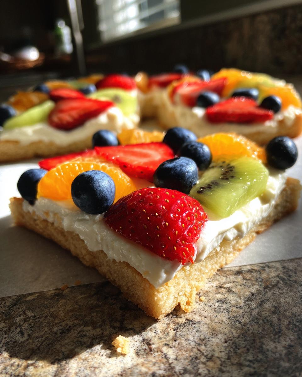Close-up of a slice of fruit pizza sugar cookie topped with cream cheese frosting, strawberries, blueberries, kiwi, and orange segments.