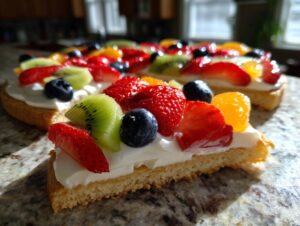 A slice of fruit pizza sugar cookie topped with cream cheese frosting and fresh strawberries, kiwi, blueberries, and mandarin oranges.