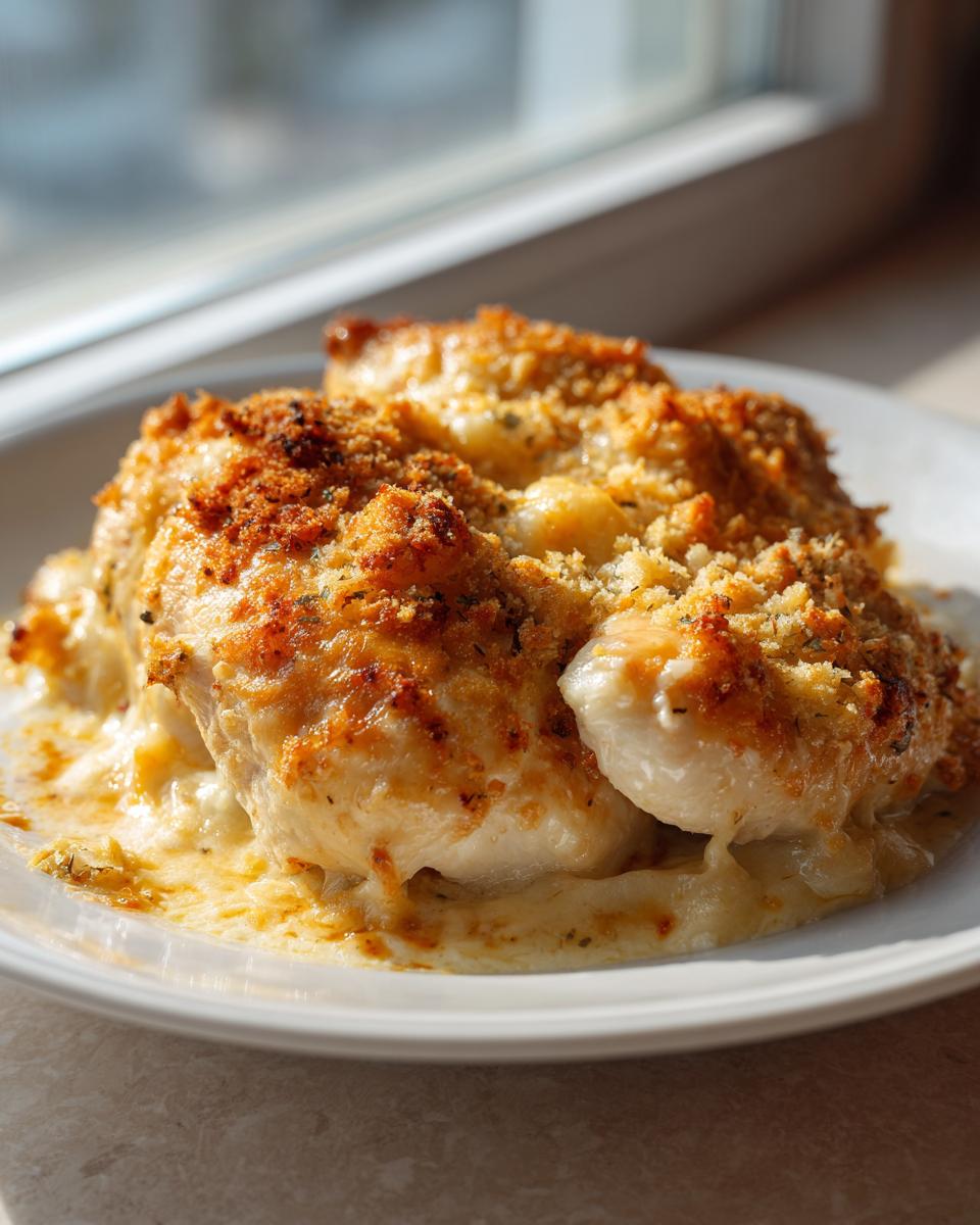 Two pieces of juicy Garlic Parmesan Chicken Bake with a crispy, golden breadcrumb topping resting in a creamy sauce.