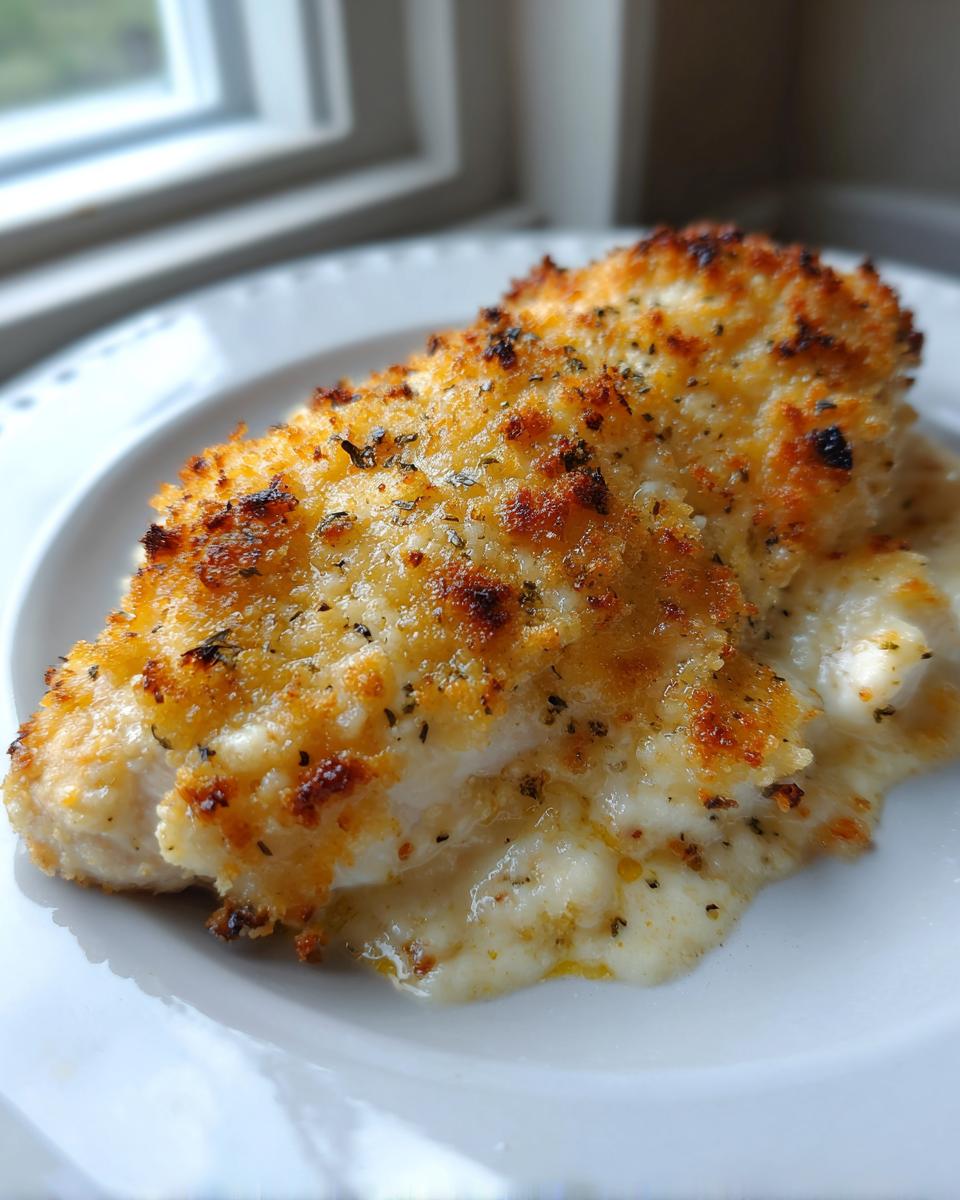 Close-up of a perfectly baked Garlic Parmesan Chicken Bake with a crispy, golden crust and melted cheese sauce.