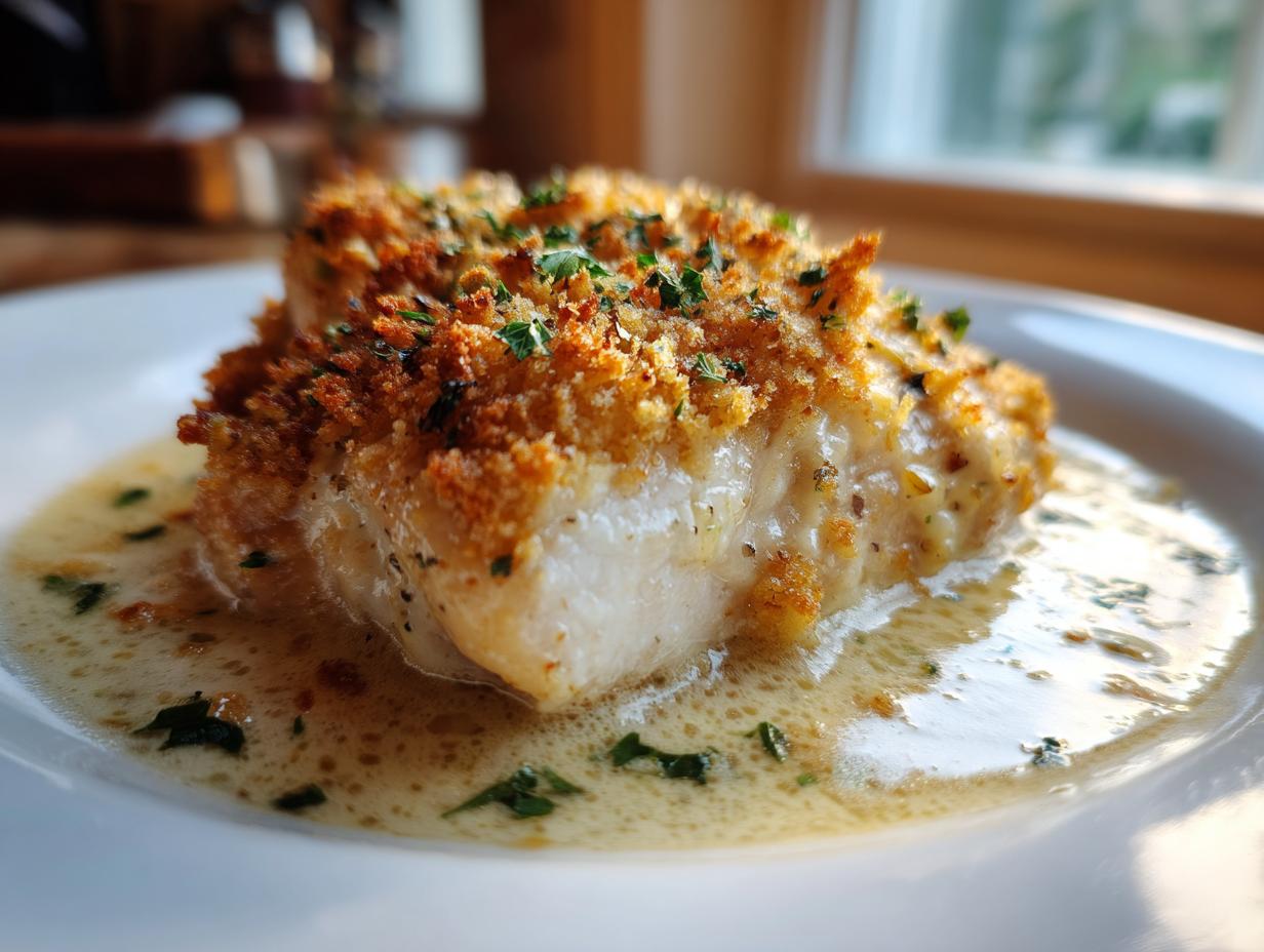 A close-up of a piece of Garlic Parmesan Chicken Bake with a golden, crunchy topping resting in a creamy, buttery sauce.