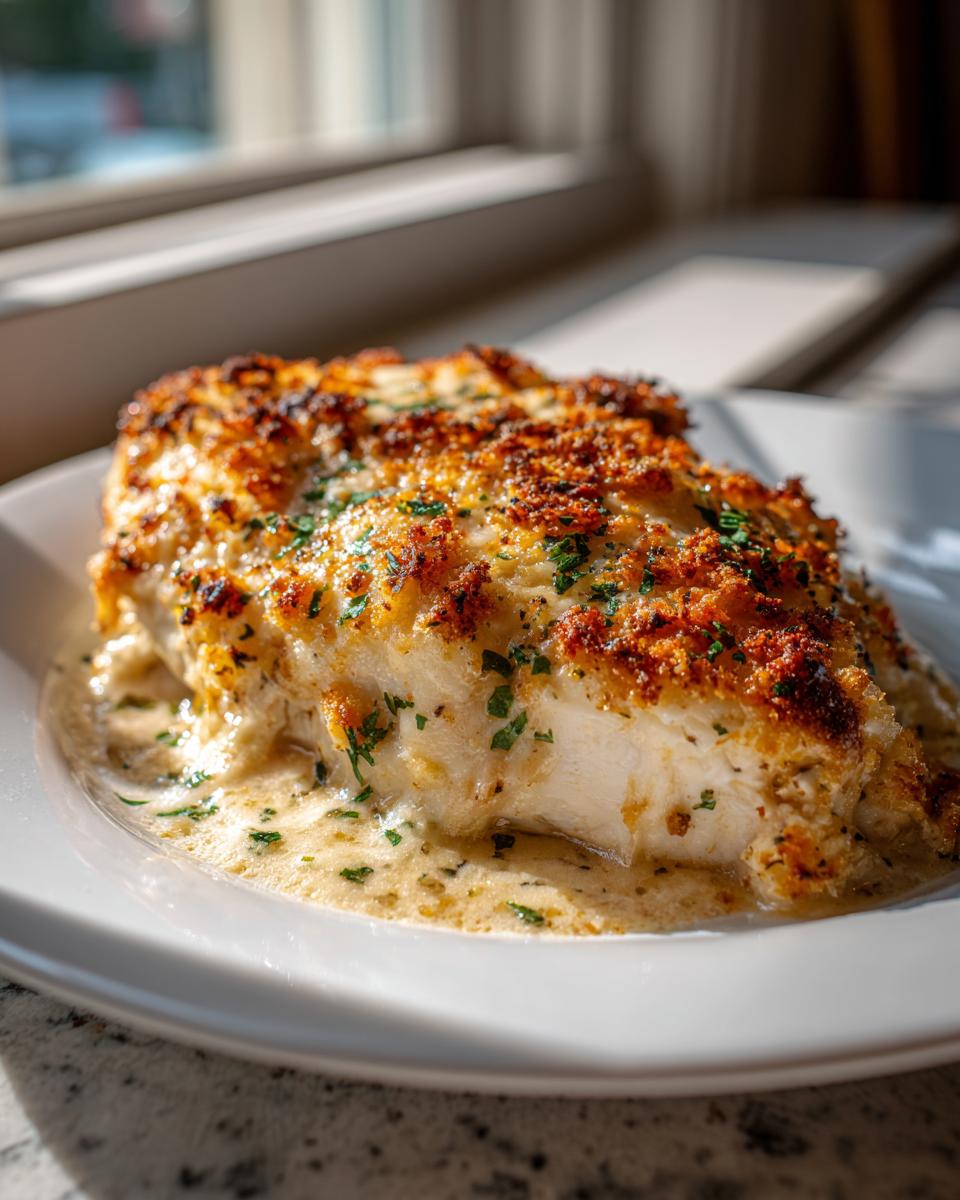 Close-up of a juicy Garlic Parmesan chicken bake breast with a crispy golden topping resting in creamy sauce.