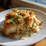 A close-up of a serving of Garlic Parmesan Chicken Bake covered in a creamy sauce and golden breadcrumb topping.