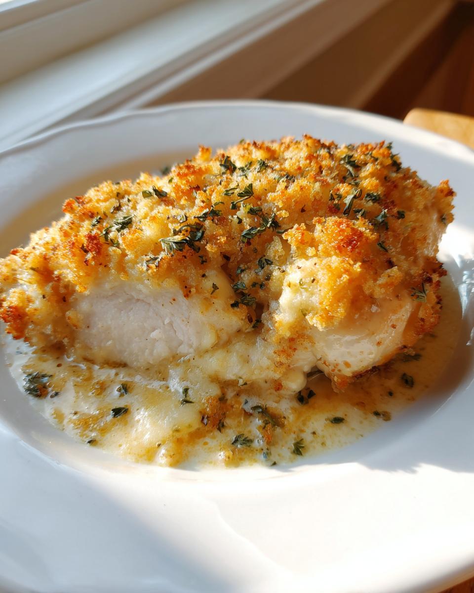 A close-up of a juicy Garlic Parmesan chicken bake piece with a golden crust, resting in creamy sauce.