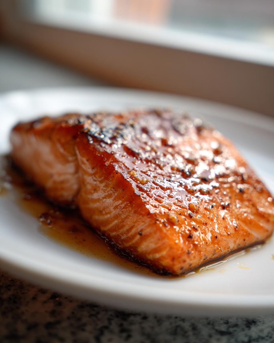 Close-up of a perfectly cooked, glazed salmon fillet resting on a white plate.
