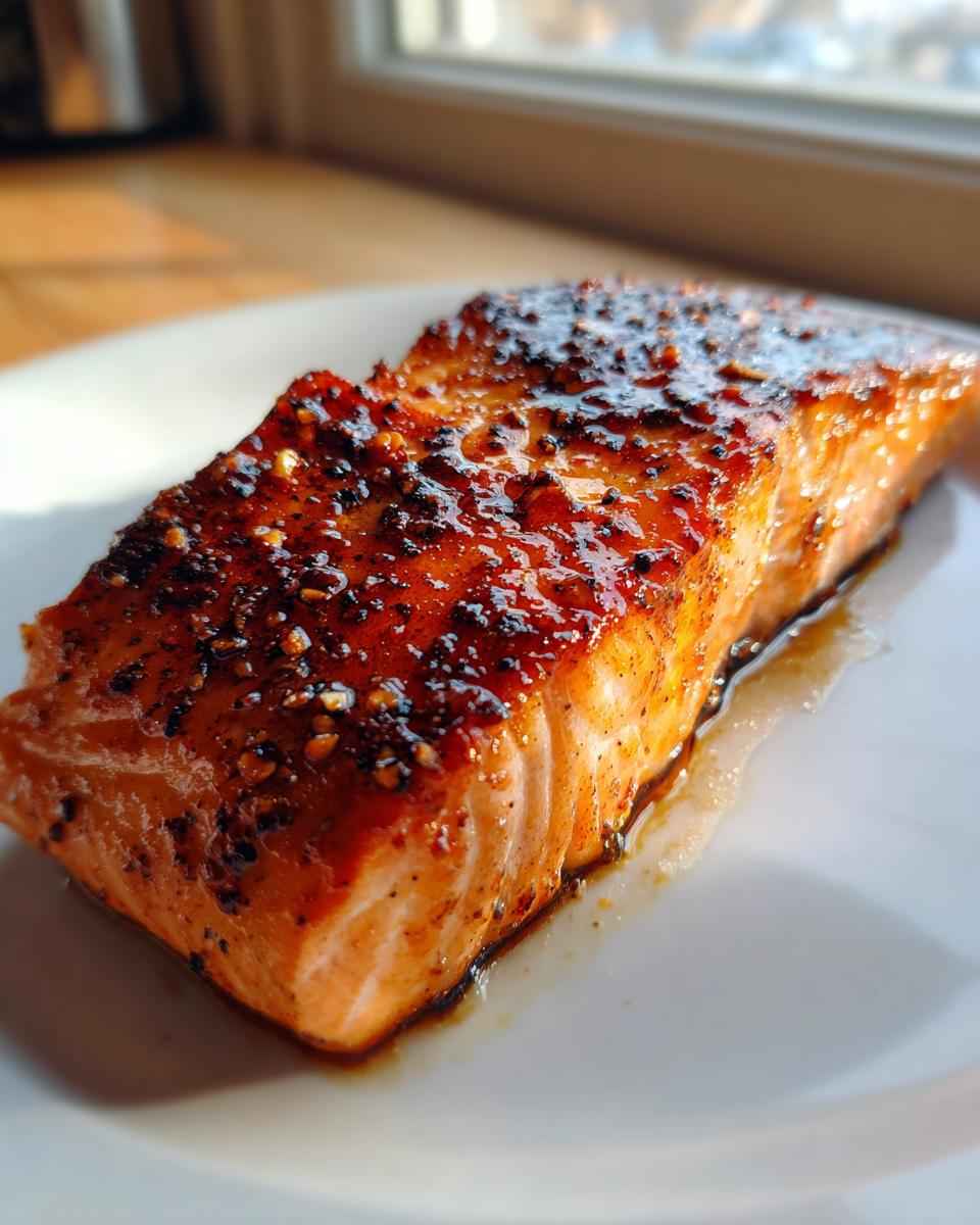 Close-up of a beautifully glazed and seasoned piece of cooked salmon resting on a white plate.