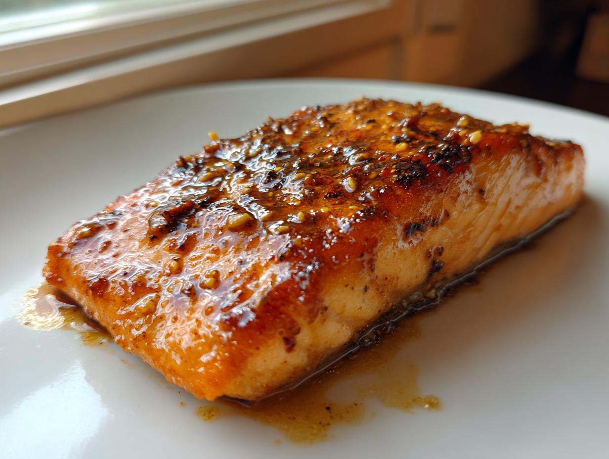 A perfectly cooked, glazed salmon fillet resting on a white plate, glistening under natural light.