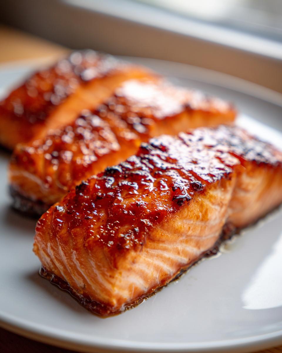 Two perfectly cooked, glazed salmon fillets resting on a light gray plate.