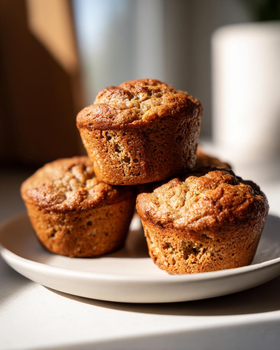 A stack of three golden brown banana protein muffins resting on a light-colored plate in bright sunlight.