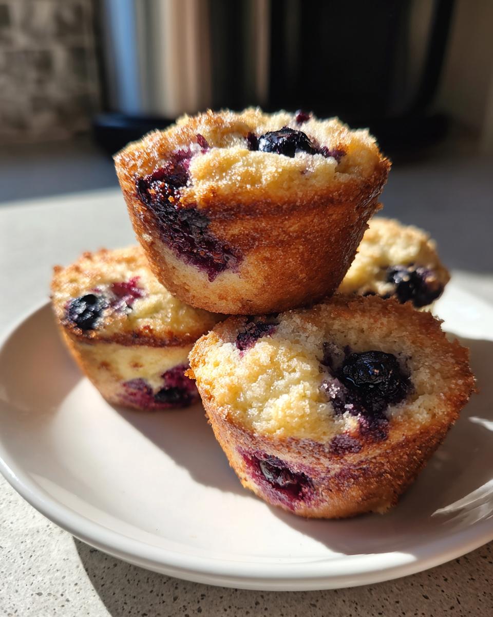 A stack of three golden blueberry protein muffins with a sugary topping sitting on a white plate.