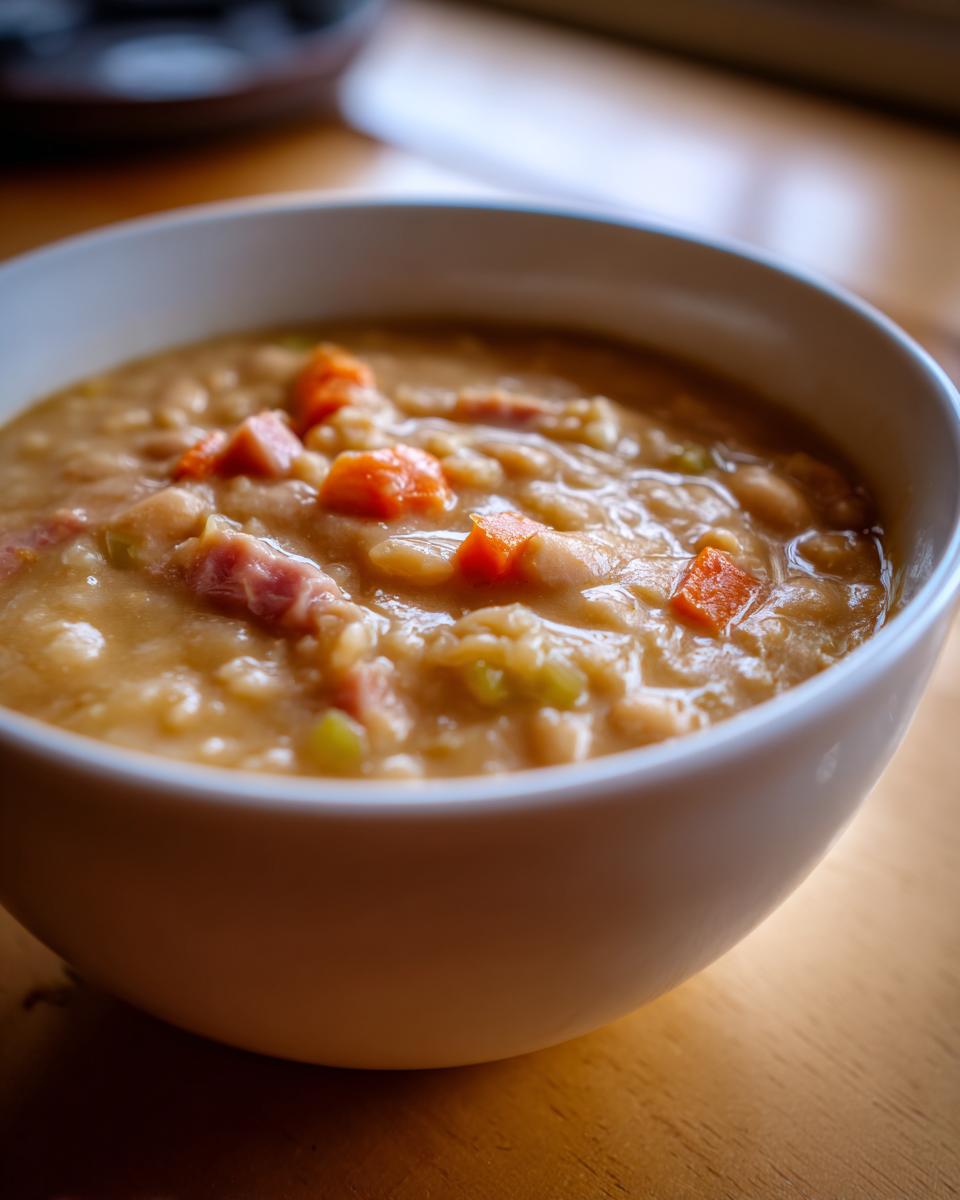 Close-up of a white bowl filled with thick, creamy ham and bean soup featuring chunks of ham and diced carrots.