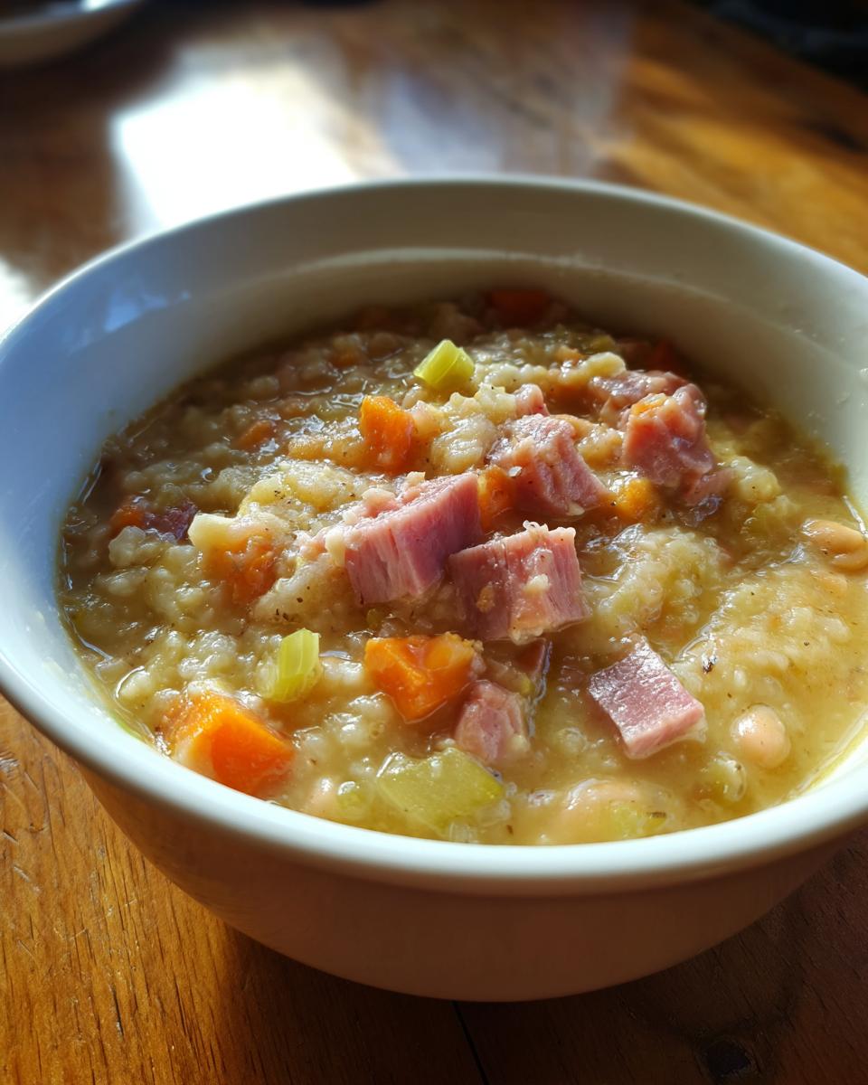 Close-up of a thick bowl of Ham and Bean Soup topped with generous chunks of pink ham, carrots, and celery.