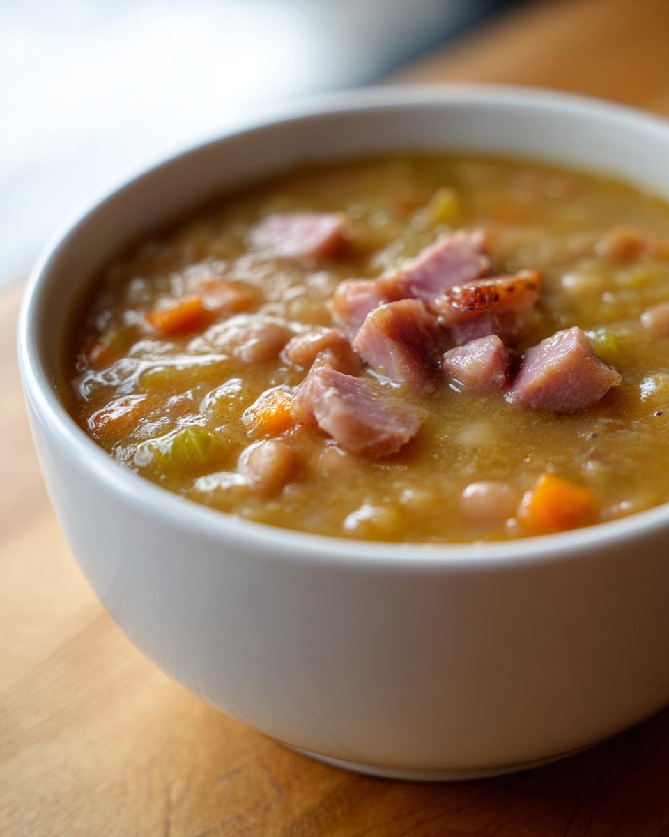 Close-up of a thick, creamy bowl of Ham and Bean Soup topped with visible chunks of savory ham and diced carrots.