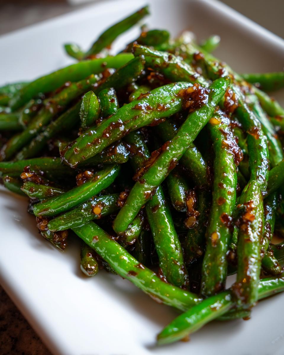 Close-up of vibrant green beans coated in a glossy, dark honey garlic sauce.