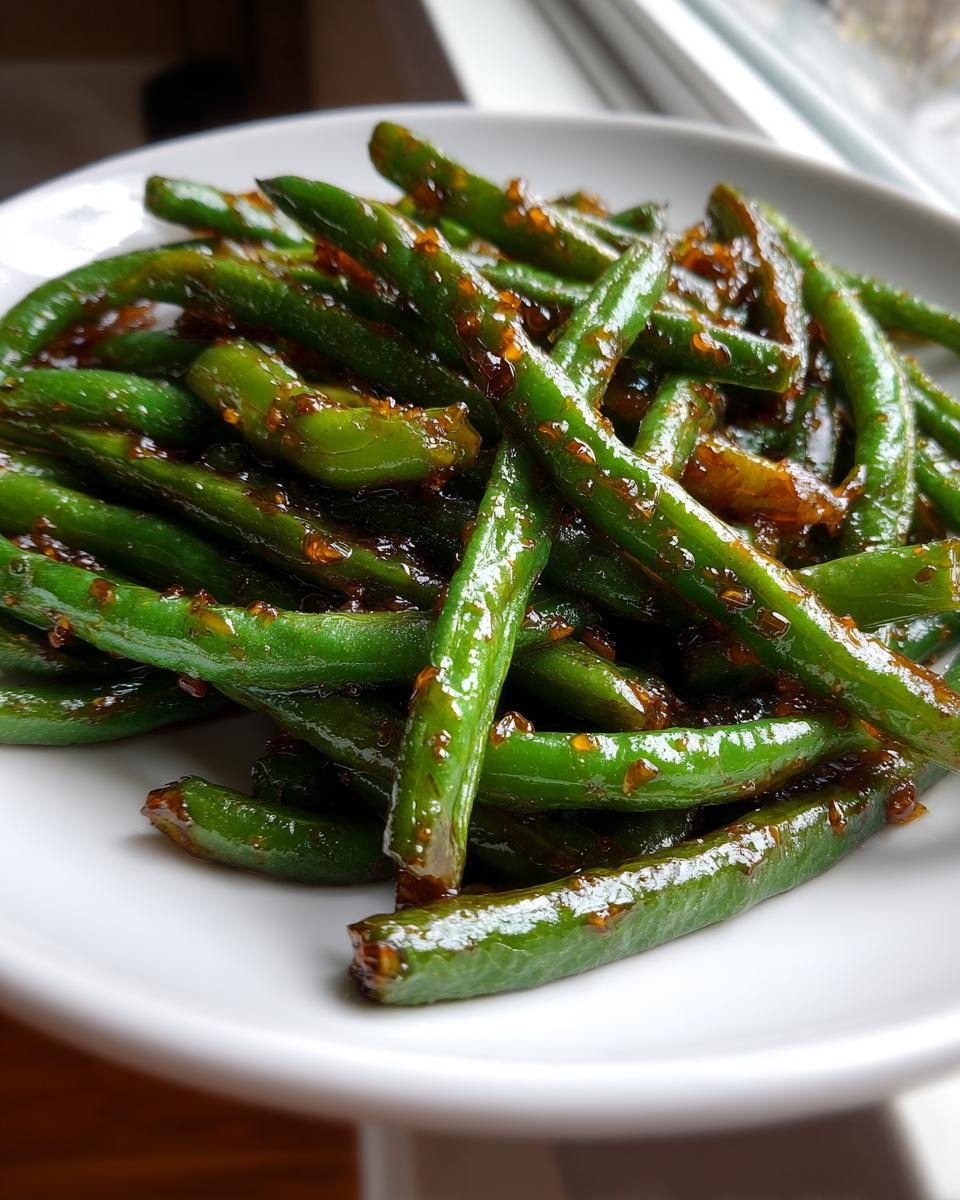 Close-up shot of vibrant green beans coated in a sticky, glossy honey garlic glaze, served on a white plate.