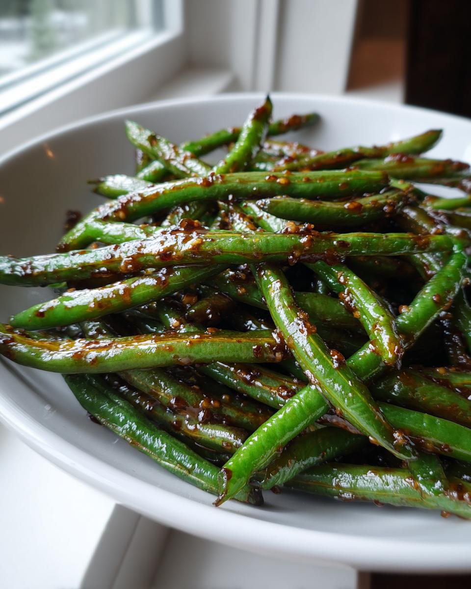 A close-up shot of vibrant green beans coated in a sticky, dark honey garlic glaze served in a white bowl.