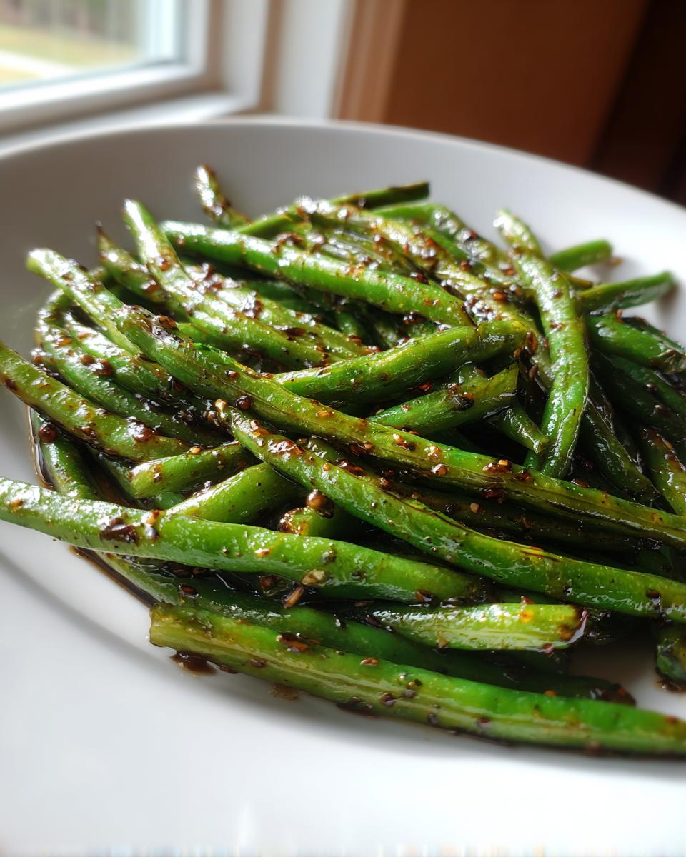 Close-up of bright green beans coated in a sticky honey garlic glaze, served in a white bowl.