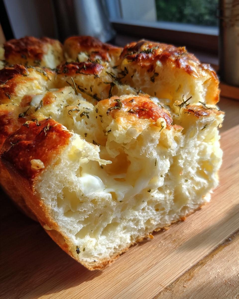 A cross-section view of soft, fluffy Italian herb and cheese bread showing melted cheese pockets and golden-brown herb topping.