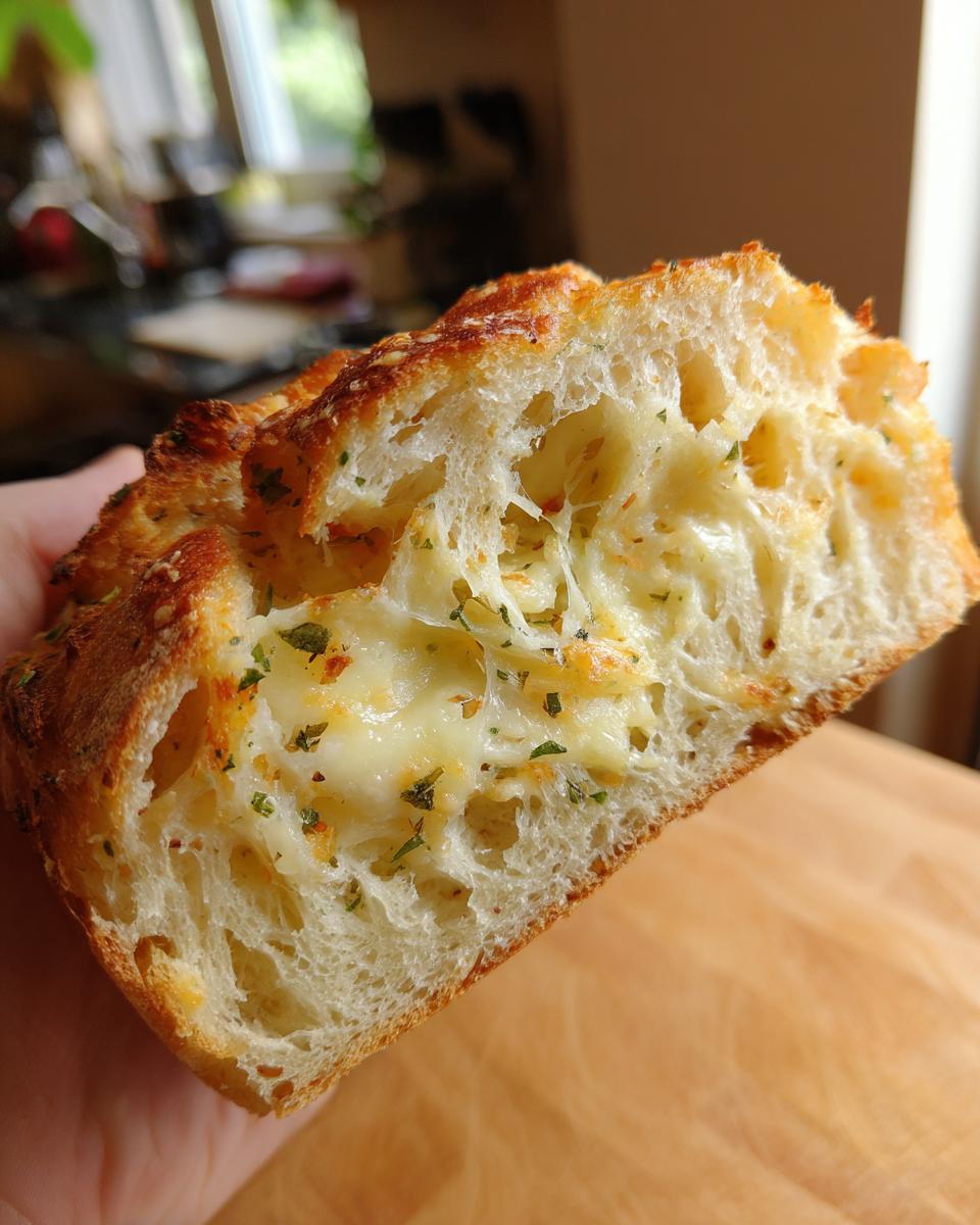 Close-up of a slice of Italian herb and cheese bread showing melted cheese and herbs inside the airy crumb.