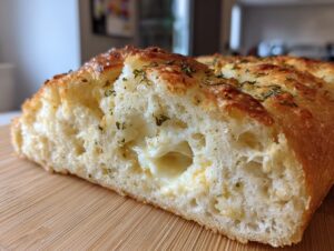 Close-up of the soft interior of Italian herb and cheese bread showing melted cheese pockets and herbs.