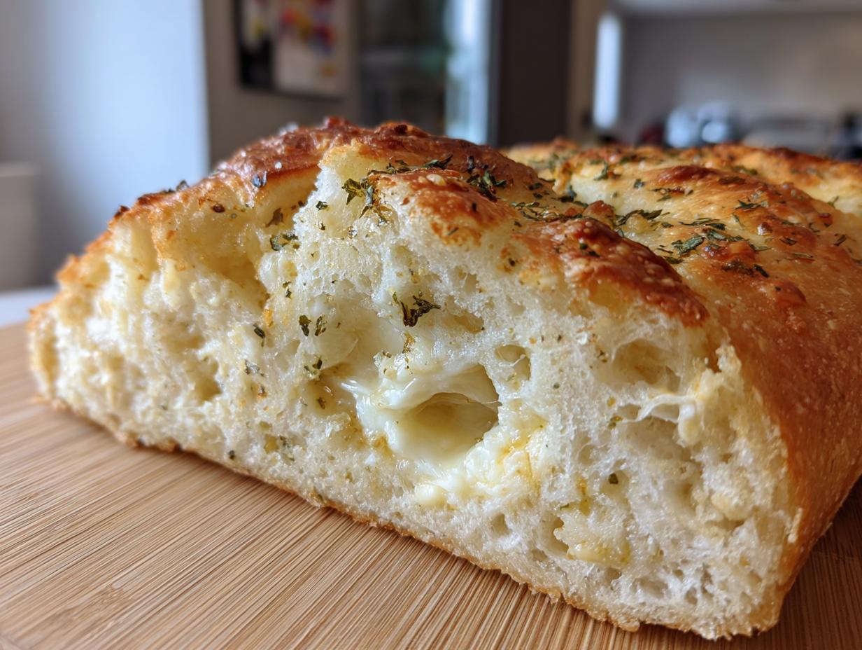 Close-up of the soft interior of Italian herb and cheese bread showing melted cheese pockets and herbs.