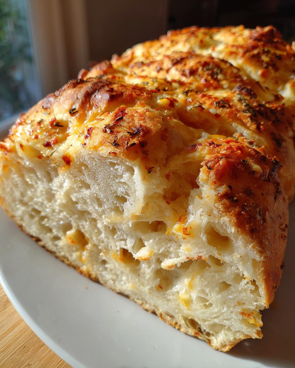 A close-up cross-section of freshly baked Italian herb and cheese bread showing a soft, airy crumb with melted cheese pockets.