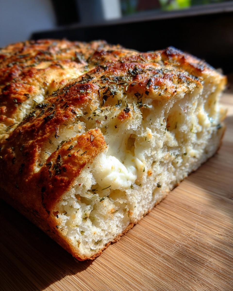 A close-up view of a slice of Italian herb and cheese bread showing melted cheese pockets and a golden, herb-topped crust.