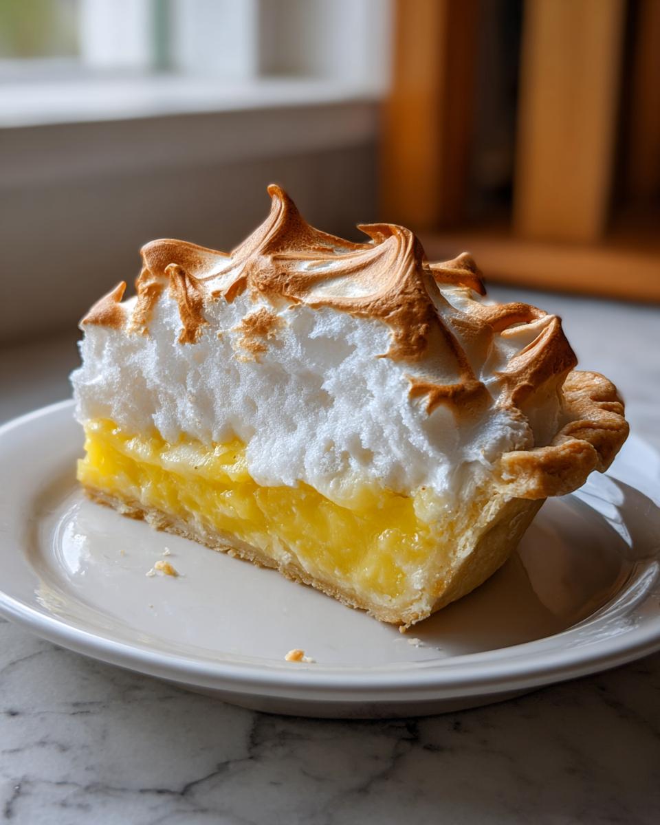 A tall slice of lemon meringue pie showing bright yellow filling, a flaky crust, and toasted meringue peaks.