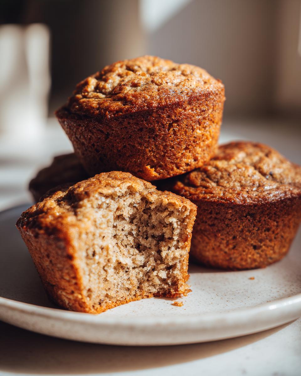 Close-up of several golden brown banana protein muffins stacked on a plate, one is broken open showing the moist interior.