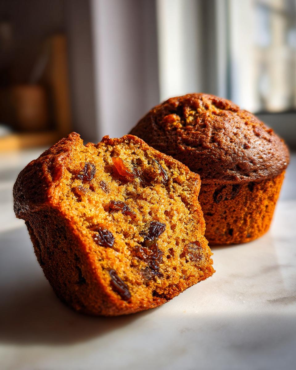 Close-up of a moist bran muffin cut in half, showing raisins inside, next to a whole bran muffin.