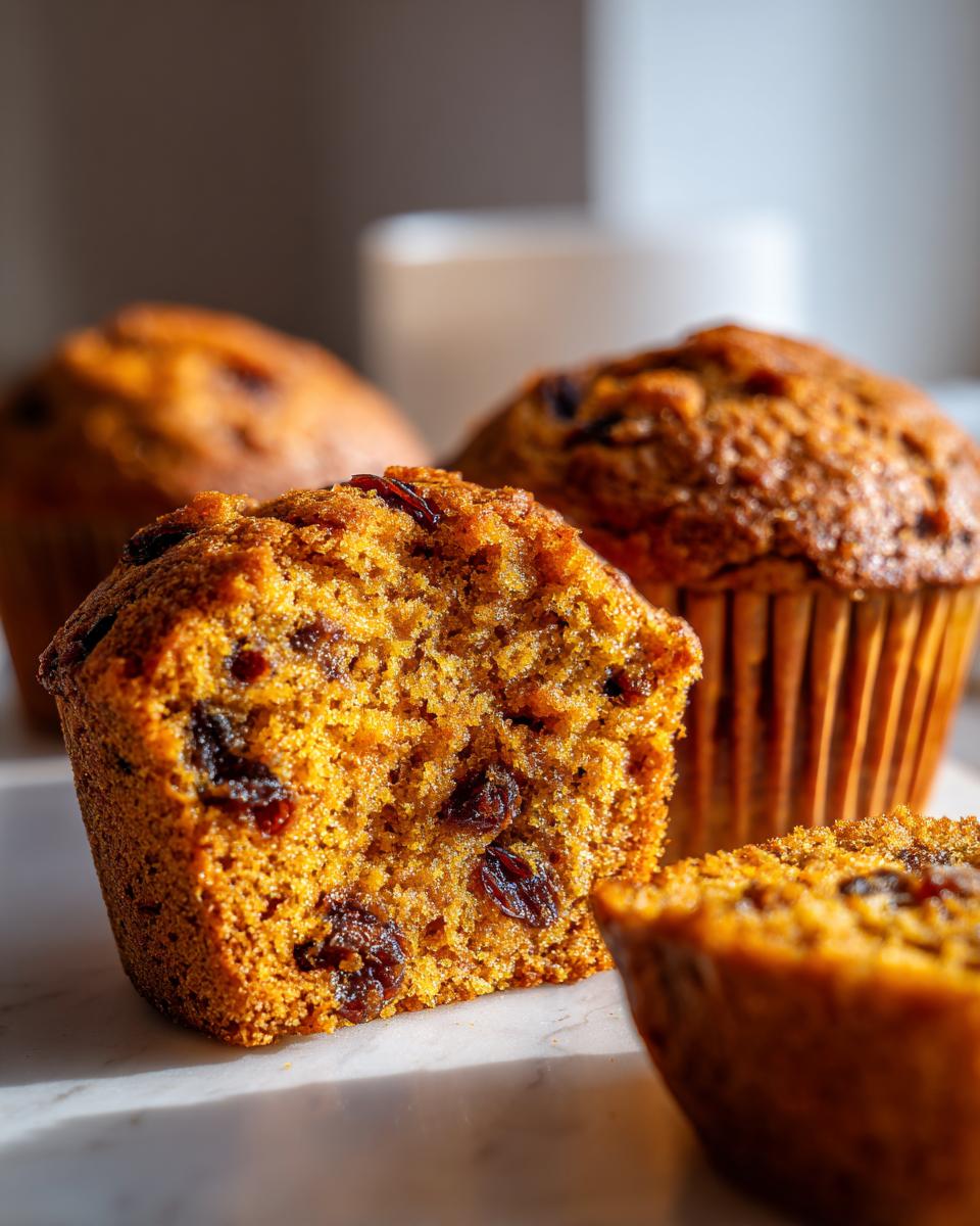 Close-up of a moist bran muffin cut in half, showing raisins embedded in the crumb texture.