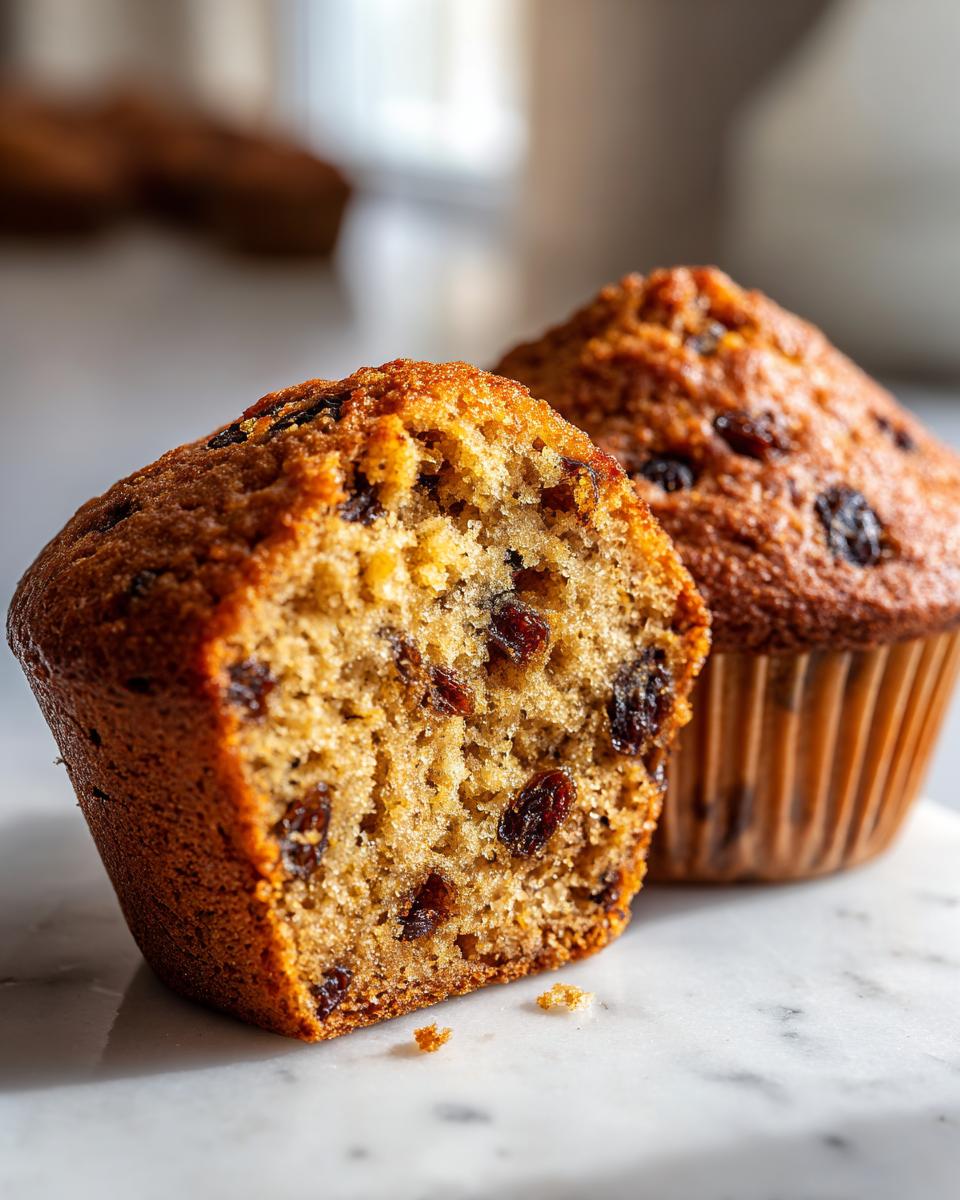 Close-up of a moist bran muffin cut in half, revealing a dense, raisin-filled interior next to a whole bran muffin.