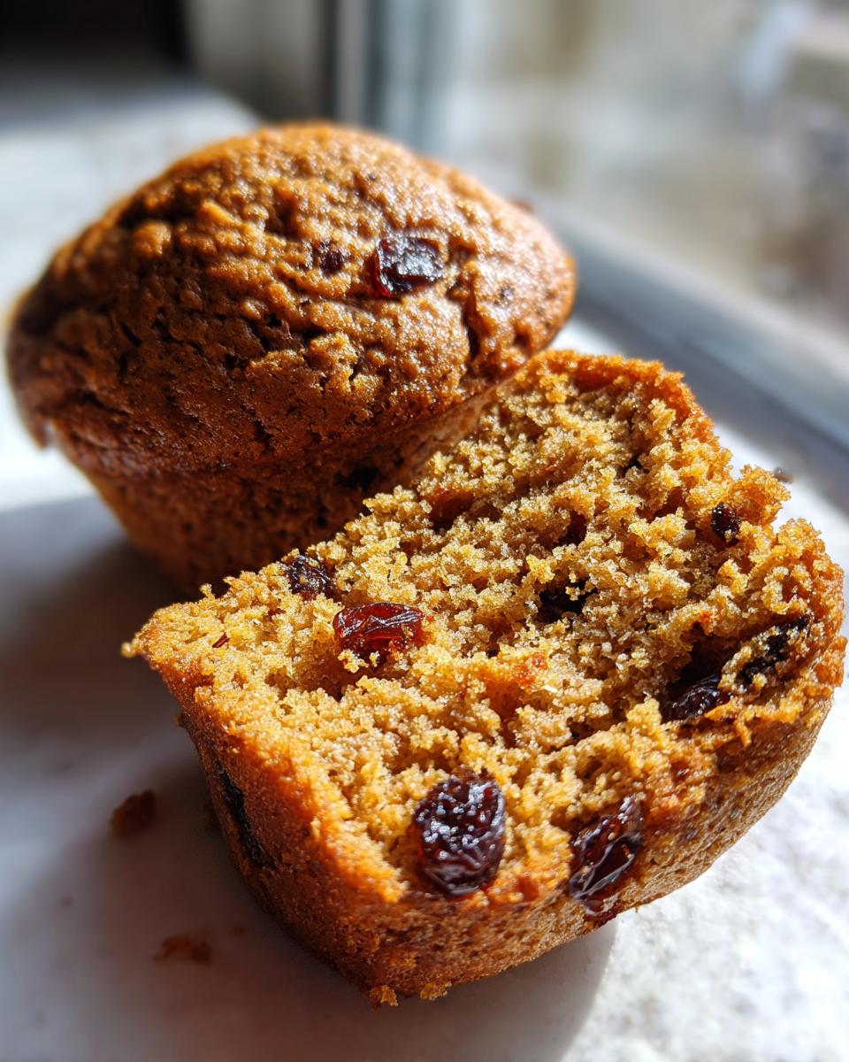 Close-up of a moist bran muffin cut in half, showing the crumb texture and embedded raisins.