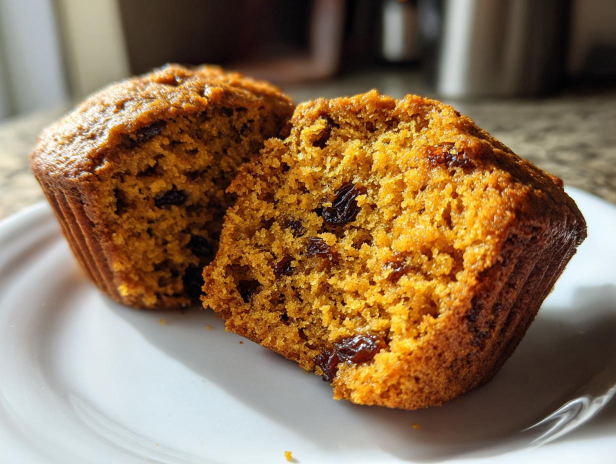 Close-up of a moist bran muffin cut in half, revealing a rich texture filled with dark raisins.