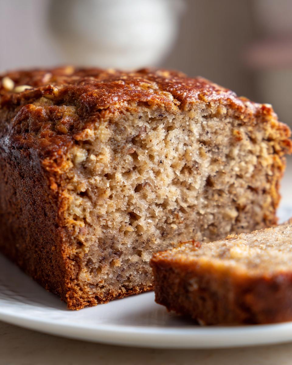 Close-up of a freshly baked loaf of sugar free banana bread, showing a moist crumb and a slice cut beside it.