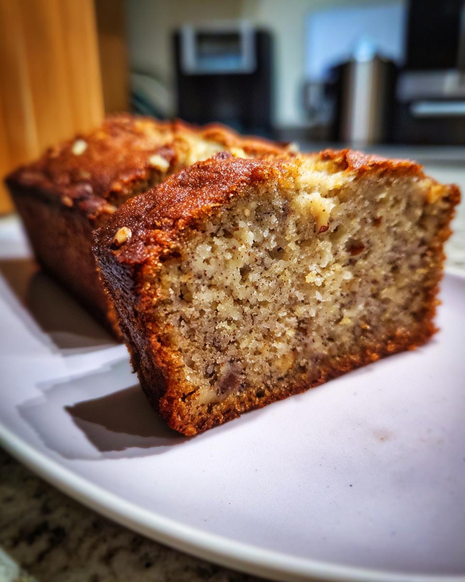 Close-up of a moist slice of sugar free banana bread showing the soft, speckled interior and golden-brown crust.