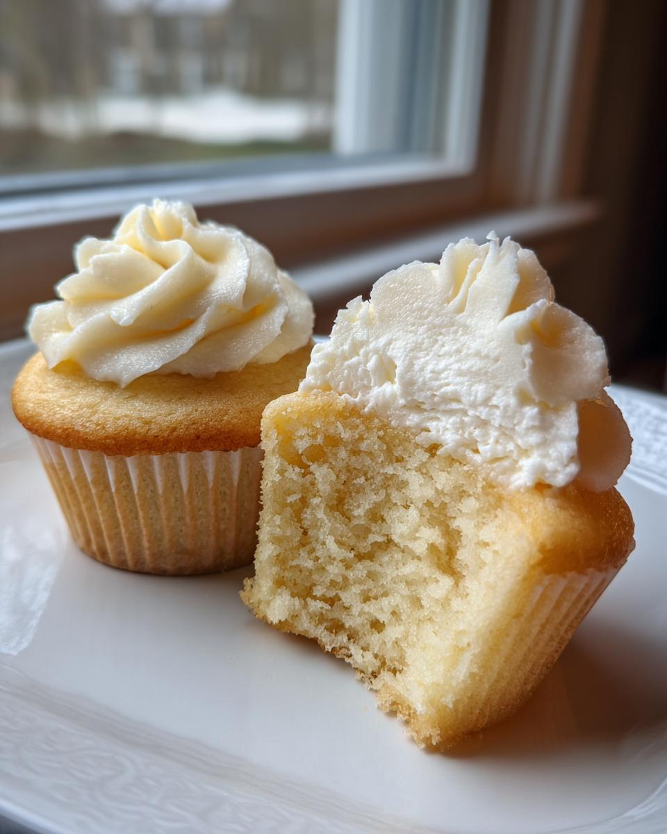 Two vanilla cupcakes on a white plate, one cut open showing the moist crumb of the vanilla cupcakes.