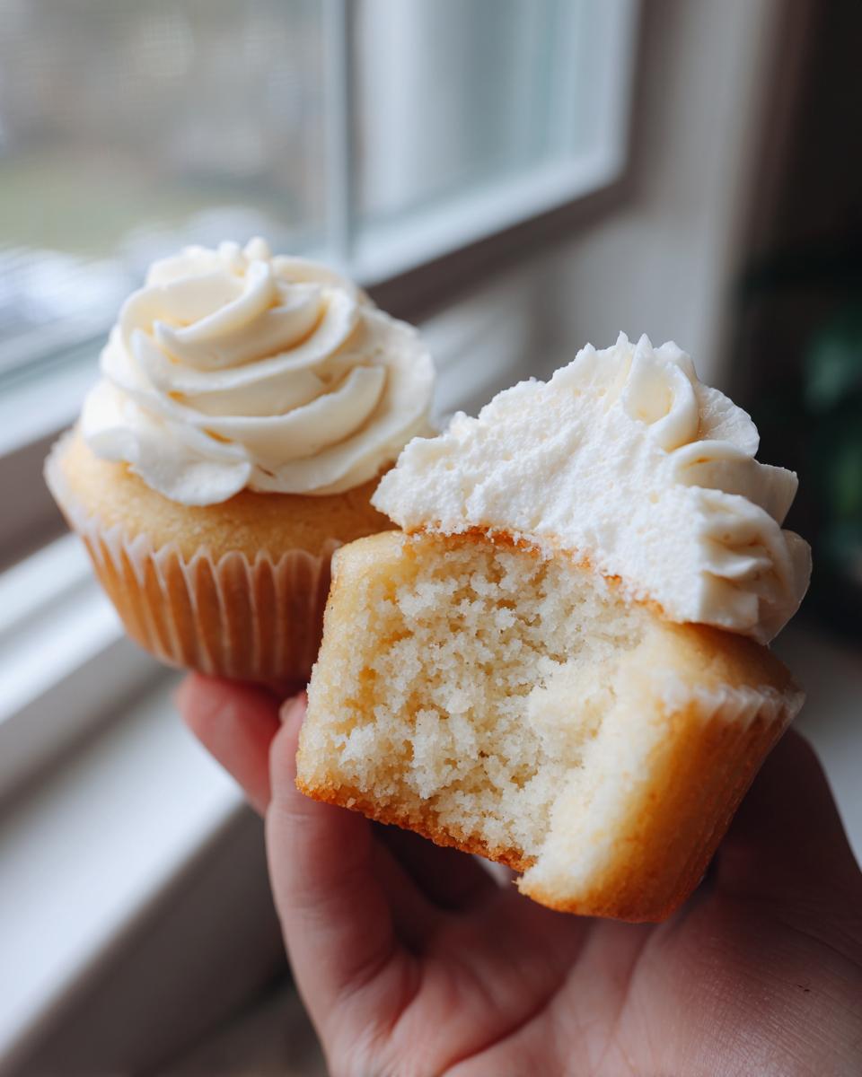 Close-up of a hand holding a vanilla cupcake cut in half, showing the moist crumb texture of the vanilla cupcakes.
