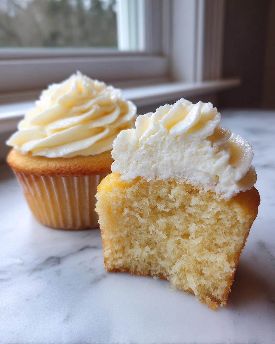 Close-up of a vanilla cupcake cut in half showing its moist crumb, next to a whole vanilla cupcakes with white frosting.