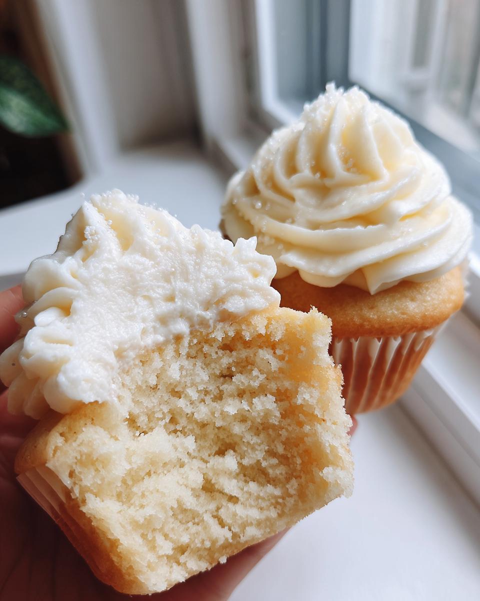 A hand holding a vanilla cupcake cut in half to show the fluffy interior, with another frosted vanilla cupcake in the background.